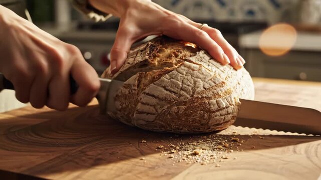 Hands of a person slicing a rustic loaf of bread on a wooden cutting board with a serrated knife, showcasing the bread's texture and crumb structure in a kitchen setting
