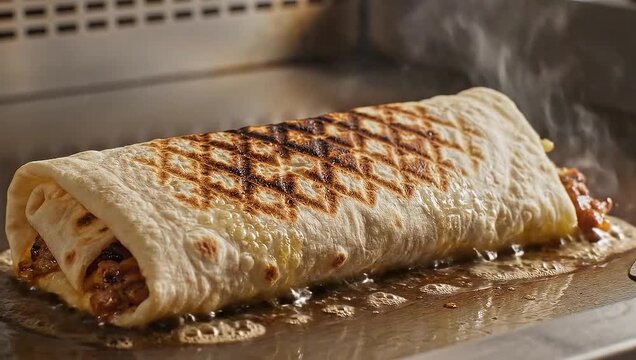 Delicious grilled burrito sizzling on a hot griddle with steam, being flipped by spatula, close-up.
