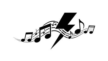 Silhouette of musical notes and a lightning bolt on a white background, representing rock music