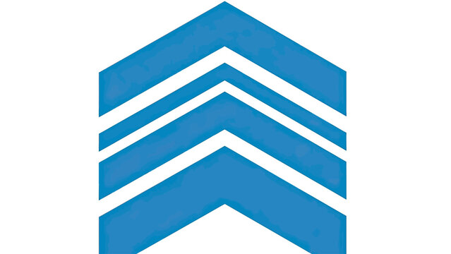 A blue chevron emblem composed of three arrows stacked pointing upwards on a white background
