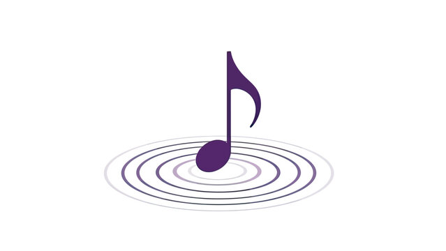 A stylized purple eighth note hovering over concentric circles against a white background