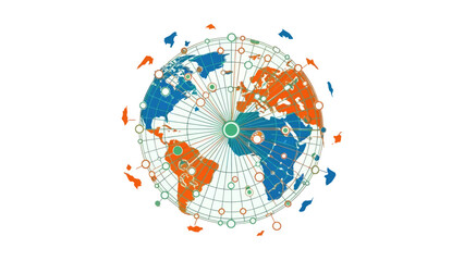 A stylized world map with continents in orange and blue, connected by networks and dots, on white © gudangPIXEL
