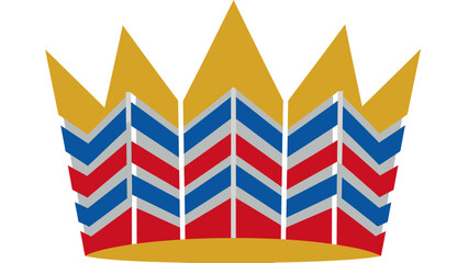 A stylized crown emblem with gold, red, blue, and gray geometric shapes on a white background