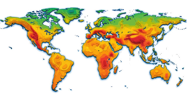 A colorful, layered topographic map of the world depicting elevations
