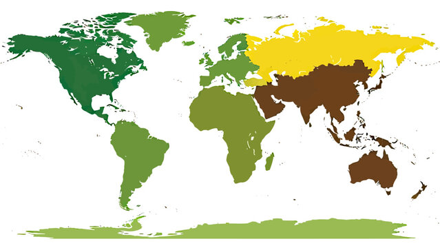 World map in flat style, with continents colored differently. White background