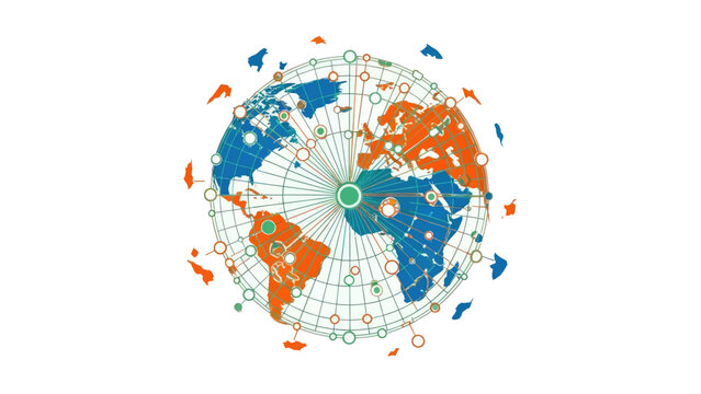 A stylized world map with continents in orange and blue, connected by networks and dots, on white