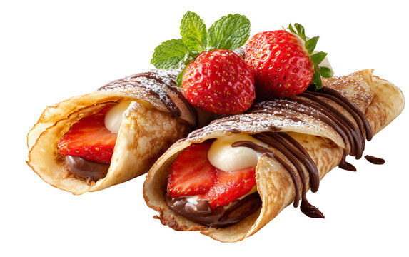 Freshly made crepes served with rich chocolate and ripe strawberries creating a sweet and elegant dessert experience isolated on transparent background PNG