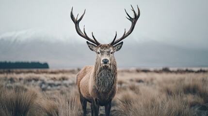 Majestic stag standing proud in wilderness landscape with impressive antlers