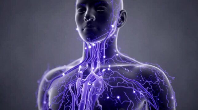 A clean 3D animation of a human silhouette with soft glowing lines moving through the torso, symbolizing digestion and energy flow, modern medical concept, neutral background, smooth motion, high qual