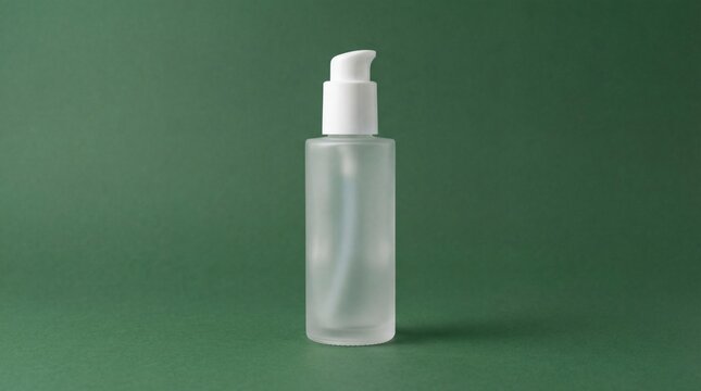 Minimalist frosted glass bottle with white pump dispenser isolated on a dark green background