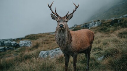 Majestic stag standing proudly on a grassy hillside with misty background