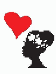 Heart and silhouette of a girl's head with pixel flowers