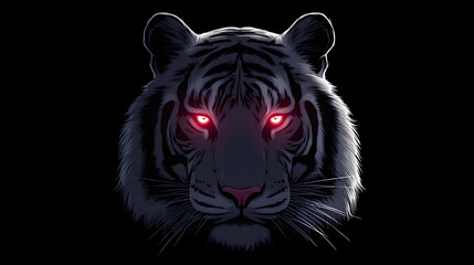 Obraz premium Powerful Dark Feline Predator Head emerges, revealing a Wild Tiger adorned with striking Stripes. Its intensely Glowing Red Eyes pierce the darkness, casting an imposing gaze.