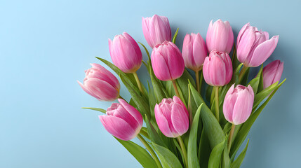 Fototapeta premium Beautiful composition of pink tulips flowers spring bouquet on light blue background fresh floral arrangement for mothers day greeting card and romantic seasonal celebration with copy space