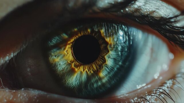 The captures a human eye in close detail, with vibrant colors and a sharp focus on the pupil. Overlaying the eye is a digital effect that resembles pixelation or distortion