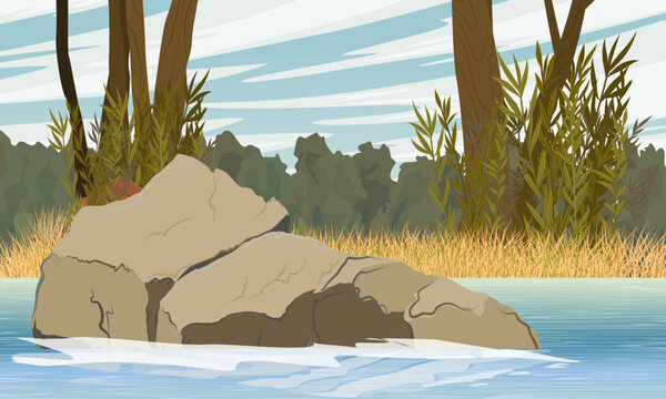 A large rock in a river sticking out of the water. Riverbank with grass and trees. Realistic vector landscape.
