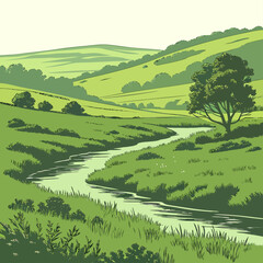 Serene green valley with winding stream and lush vegetation © sahana11