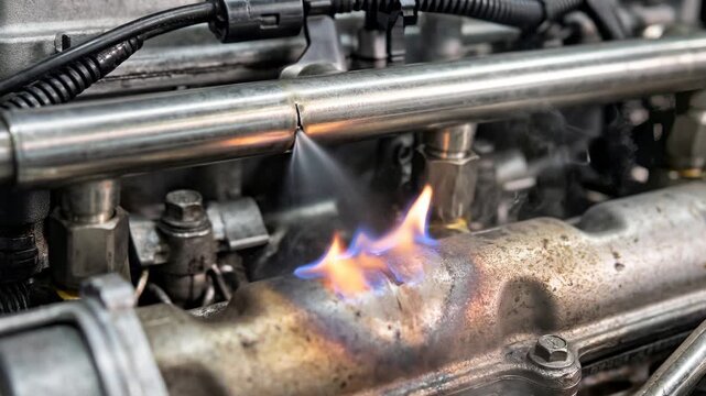An engine is shown with fuel injectors spraying fuel and igniting, causing visible flames. The setting reveals mechanical parts in operation during testing