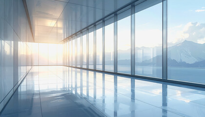 Modern Office Corridor with Floor-to-Ceiling Windows and Mountain View at Sunrise - Bright and Spacious Interior