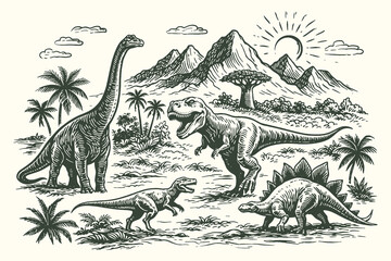 Fototapeta premium Dynamic hand drawn line art vector illustration of a prehistoric landscape with various dinosaurs like brachiosaurus t-rex and stegosaurus near mountains.