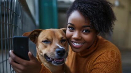 Happy woman with dog, smiling and taking a selfie, pet love concept .
