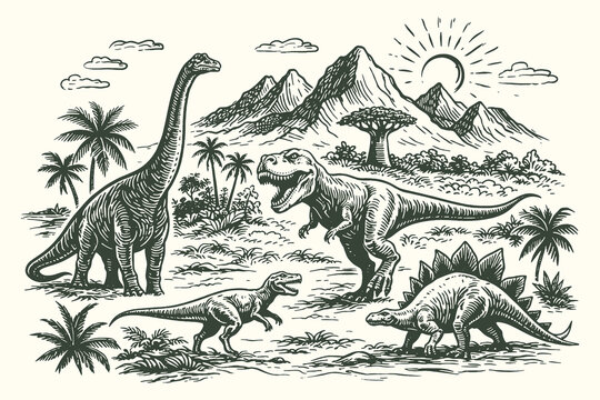 Dynamic hand drawn line art vector illustration of a prehistoric landscape with various dinosaurs like brachiosaurus t-rex and stegosaurus near mountains.