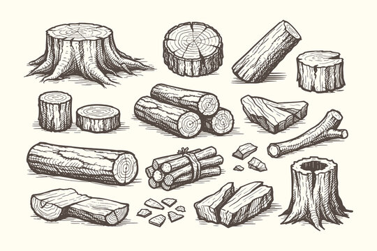 Detailed hand drawn line art vector illustration set of timber and wood elements featuring tree stumps logs firewood bundles and textured wood chips.