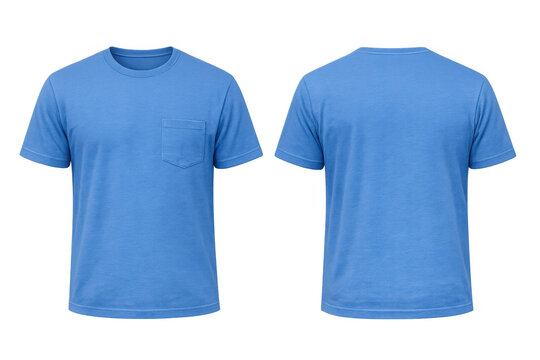 Blue t-shirt mockup, front and back views, blank apparel template for casual clothing design presentation with pocket