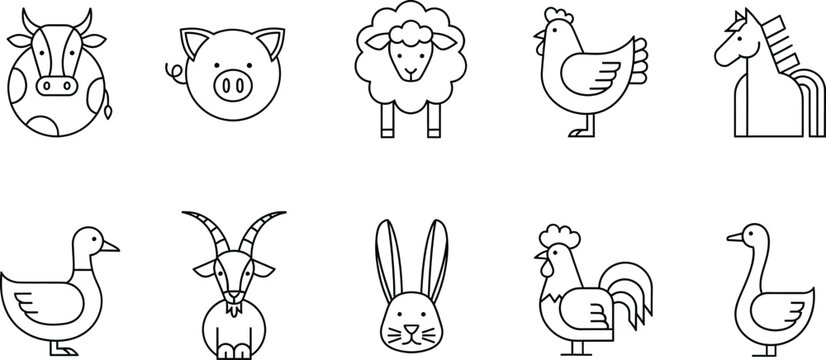 Simple line art illustrations of common farm animals and barnyard creatures