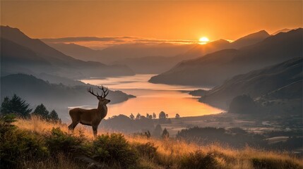 Majestic deer silhouette overlooking serene lake at sunset landscape scene