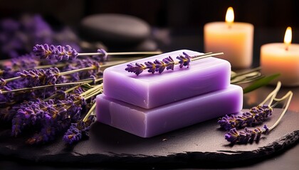 lavender soap on black slate with candles and flowers for spa and relaxation themes