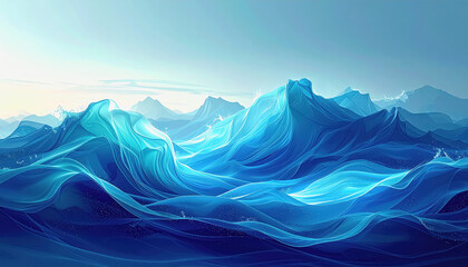 Dynamic Blue Water Waves Forming Mountain Peaks with Spray and Bubbles, Abstract Digital Art