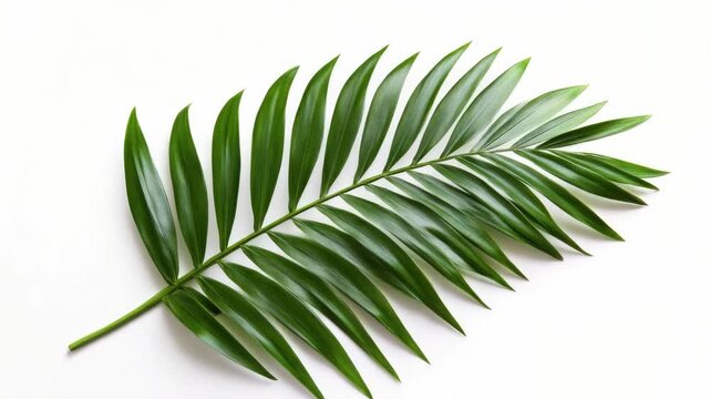 A single, lush palm leaf with a glossy surface and distinct segments, resting flat against a neutral white backdrop. The leaf's vibrant green color contrasts beautifully