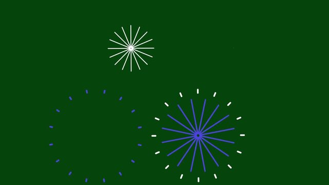 Dynamic circle fireworks burst animation with glowing spark lines and geometric blast shapes, flat vector firework element on green screen background 4K