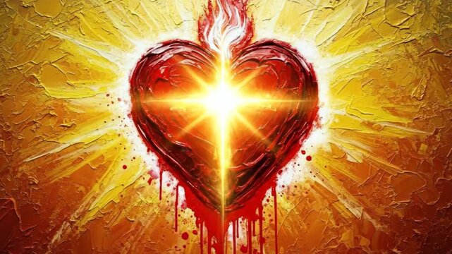 Heart symbol radiating light with cross at center. vibrant transition from a bleeding heart to a glowing heart, emphasizing spiritual significance and transformation. love for Jesus God and religion