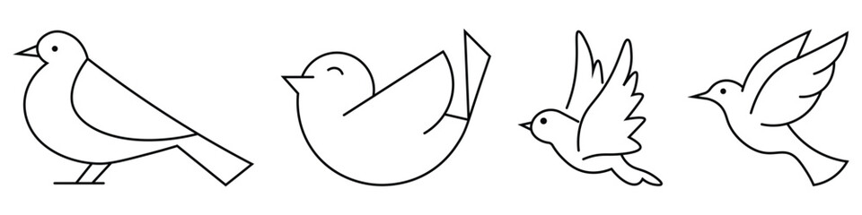 Obraz premium Collection of 4 bird line art icons. Contains as wing, flying, wren, wild, bird and more. Set of black line bird icons in different poses on white background. Vector illustration. 