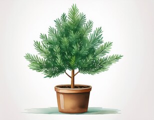 watercolor potted evergreen tree on white background