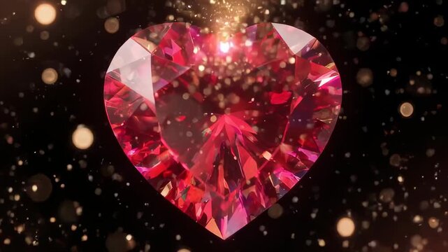 Luxury red heart-shaped diamond shining brightly with sparkling lights around it in a dark environment from a close-up viewpoint