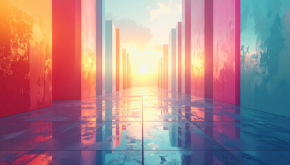 Surreal architectural corridor with vibrant orange and blue columns, reflecting a golden sunset and sky.