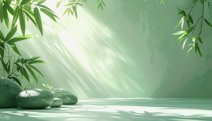 Zen-inspired minimalist display with smooth stones, bamboo leaves, and soft light filtering through.