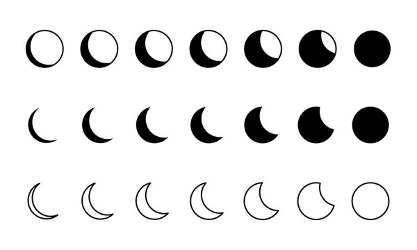 New and quarter, waning and waxing, crescent and full Moon sphere silhouettes and icons isolated on white background. Infographic of Lunar calendar cycle. Astrology sings. Vector graphic illustration