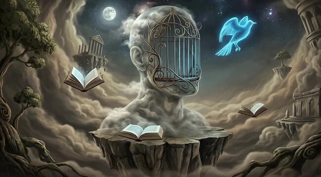 human mind trapped by knowledge, fear, and limitation. A stone head with a cage over the face, floating books, and a glowing bird represent imagination, freedom of thought, creativity, mental growth