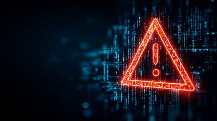 A digital warning sign with a red triangle and exclamation mark on a dark background with blue binary code