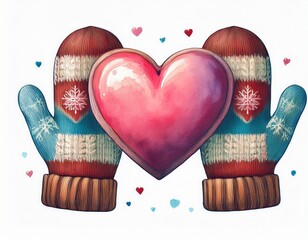 watercolor mittens holding a heart on white background
