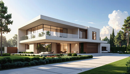 Fototapeta premium Stunning modern residence with expansive glass facades, clean lines, and lush landscaping during golden hour.