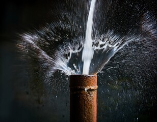 rusty pipe burst with dramatic water spray and droplets captured in motion against a dark background