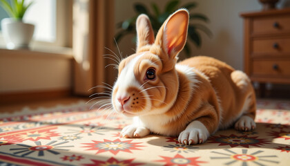 Brown rabbit lounging on patterned rug in bright indoor setting  