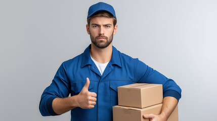 Delivery man in uniform and cap holding stacked cardboard boxes and giving a thumbs up, conveying reliable, efficient courier service and customer satisfaction on white background