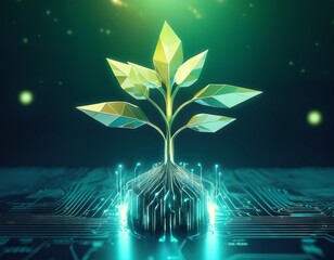 biotechnology and geometric digital plant growth concept smart farming and electronic technology low poly polygonal plant growing from a glowing circuit board with abstract roots