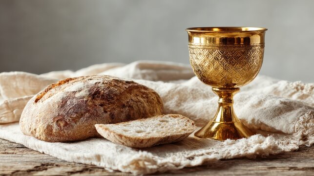 A close-up captures a holy communion scene, with a golden chalice and loaf of bread on a textured surface. ..Created with Generative AI, not depicting real subjects.